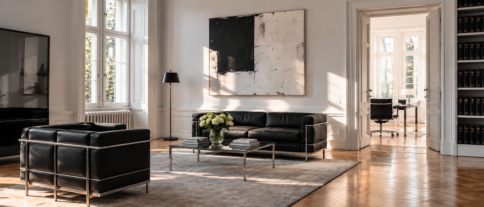 Besprechungsbereich mit Ledersesseln und Blick in den Altbau-Flur