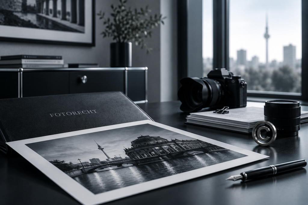 Fotorecht in Berlin – Kamera, Fotoabzug, Unterlagen und Copyright-Symbol auf einem modernen Kanzleischreibtisch
